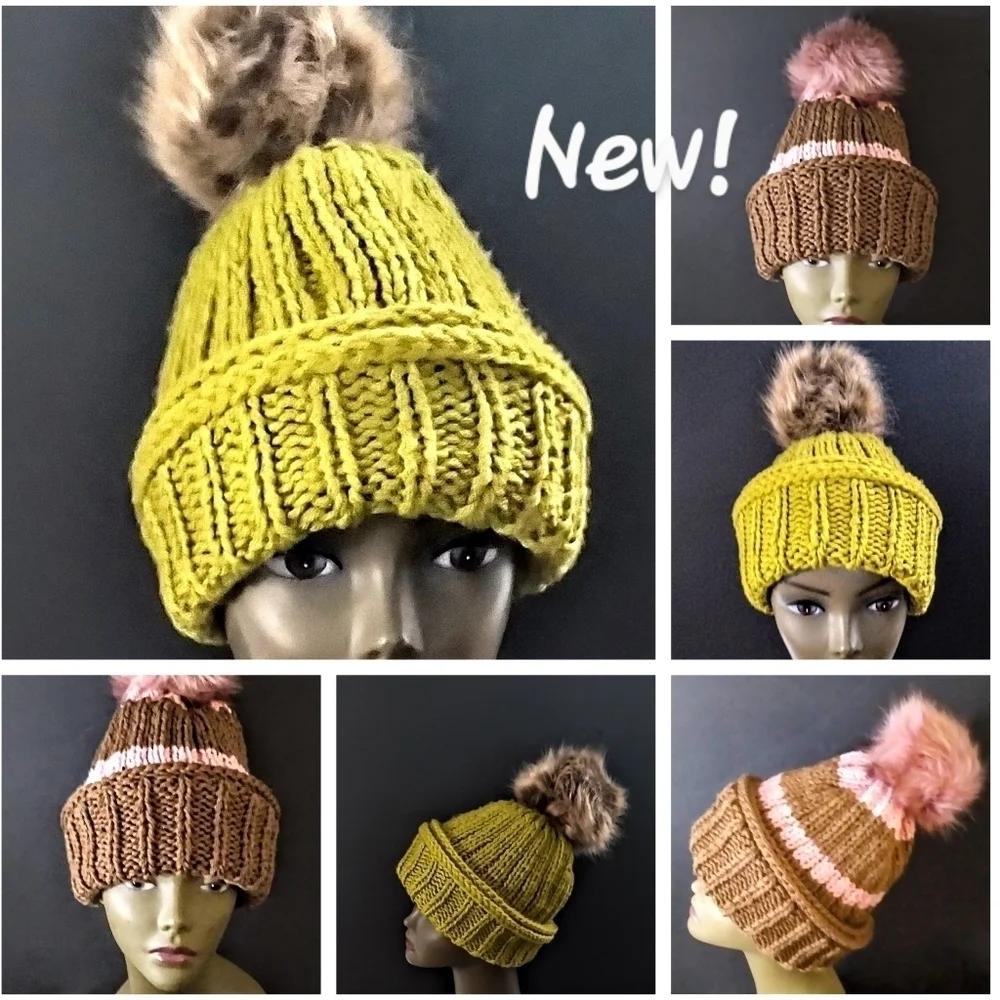 Versatile, Authentic Hand Knitted Beanies Accented With Faux Fur PomPom.